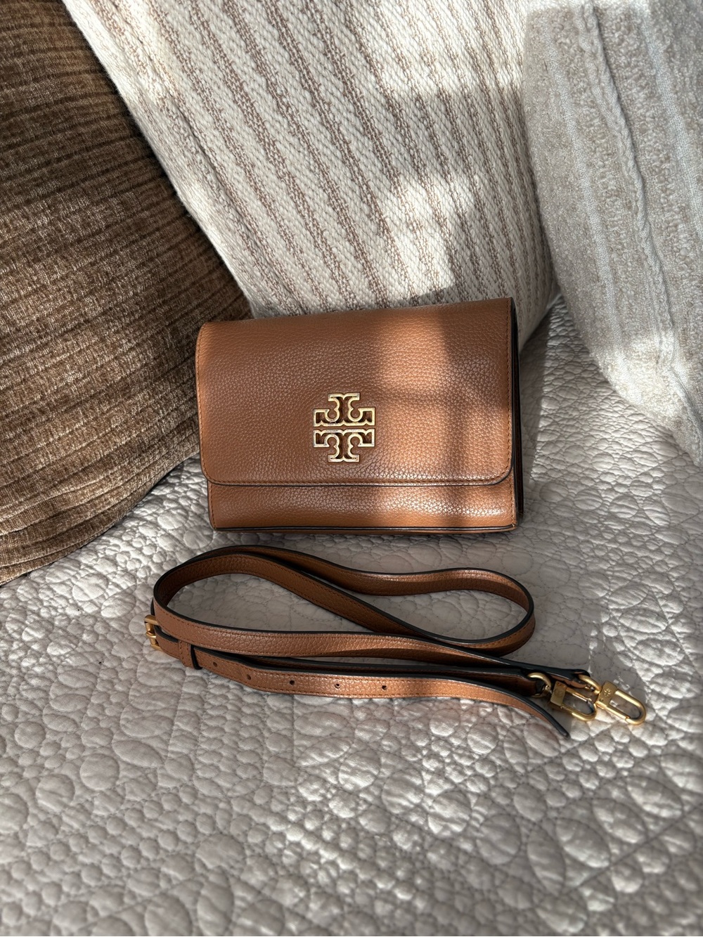 Tory Burch Brown Pebble Leather Crossbody Bag with Gold Logo